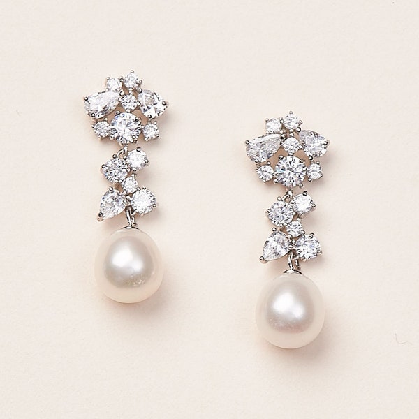 CZ Pearl Wedding Earrings, Freshwater Pearl Bridal Earrings, Clip on Pearl Bridal Earrings, Wedding Earrings, CZ Drop Wedding Earrings ~4286