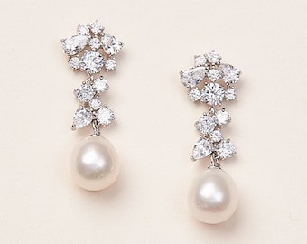 Boucles d'oreilles de mariage perle CZ, boucles d'oreilles de mariée en perles d'eau douce, boucles d'oreilles de mariée à clip, boucles d'oreilles de mariage, boucles d'oreilles de mariage goutte CZ ~ 4286