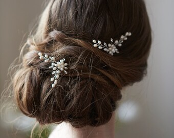 Set of 2 Floral Wedding Hairpins, Bridal Hairpins, Pearl Wedding Accessory, Pearl Floral Hairpins, Silver Hairpins ~TP-2827