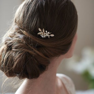 Bridal Hair Pin, Pearl Wedding Hair Pin, Wedding Hair Pin, Gold Bridal Hair Pin, Gold Leaf Wedding Hair Pin, Bridal Hair Accessory TP-2838 image 1