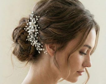 Floral Pearl & Rhinestone Crystal Bridal Clip • Wedding Hair Accessory • Floral Hair Clip • 2566