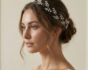 Dainty Pearl Bridal Hair Vine, Minimalist Wedding Headpiece in Ivory and Silver ~ 3495