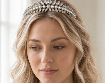 Bridal Tiara, Modern Wedding Headpiece, Ivory Pearl and Rhinestone Silver Crown ~3504