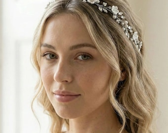 Pearl Bridal Hair Vine, Floral Crystal Wedding Headpiece in Ivory and Silver ~ 3491