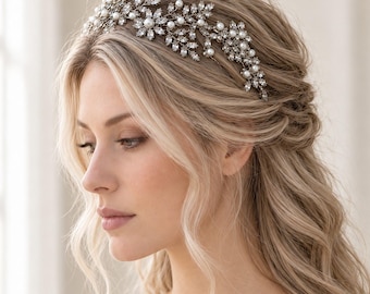 Bridal Headpiece, Pearl and Rhinestone Leaf Headband, Wedding Hair Accessories for Bride ~3499