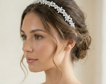 Pearl & Rhinestone Bridal Headband • Floral Bridal Hairpiece • Delicate Rhinestone Headband • Wedding Hair Accessory •  3492