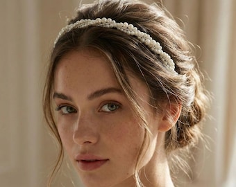 Pearl Bridal Headband, Twisted Pearl Wedding Hair Accessory in Ivory and Silver ~ 3490