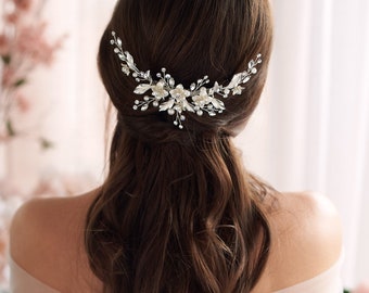 Gouden bloemen bruiloft achterstuk • Parel bruidskam • Gouden bloemenkam • Bloemen bruiloft accessoire • Kristallen kam • Strass gouden kam •2326