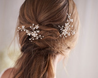 Conjunto de 2 alfileres de pelo de boda florales, alfileres de pelo de novia, alfileres de pelo de boda florales y perlas, alfileres de pelo de boda, alfileres de pelo de novia de plata ~2846