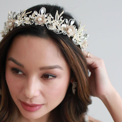 Retro Gold Flower Pearls Headband Tiara Wedding Headpiece Hair Accessory 