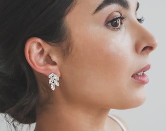 Crystal Floral Bridal Earrings • Silver Studs & Clip On Option • 4197