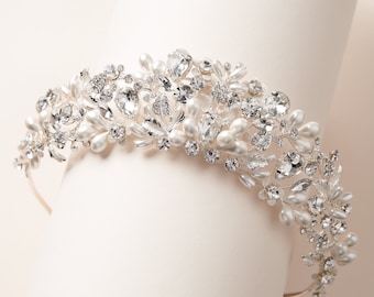 Diadema nuziale di perle e cristalli, diadema nuziale di perle, corona nuziale di perle, copricapo da sposa, copricapo da sposa, corona nuziale, diadema nuziale~3391