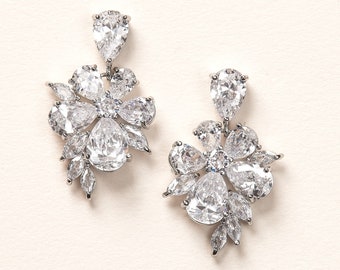 Floral Wedding Earrings, Floral Bridal Earrings, Silver Wedding Earrings, CZ Wedding Jewelry, CZ Bridal Accessories, Bridal Jewelry ~4366