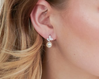 Elegant Pearl Bridal Earrings · CZ Pearl Drop Earrings · CZ Pearl Earrings · Pearl Drop Wedding Earrings · Pearl CZ Bridal Earrings · 4385