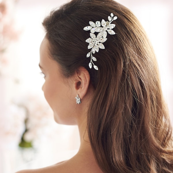 Clip de boda de perla de cristal, clip de pelo nupcial de cristal y perla, clip de pelo de boda, clip de pelo nupcial de cristal, clip de pelo de cristal floral ~ 2438