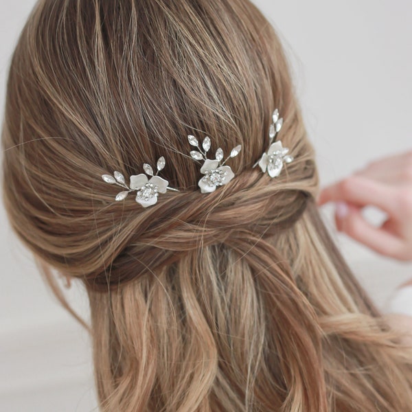 Set of 3 Floral Wedding Hair Pins, Floral Bridal Hair Pins, Floral & Crystal Hair Pins, Wedding Hair Pins, Floral Bridal Hair Pins ~TP-2850