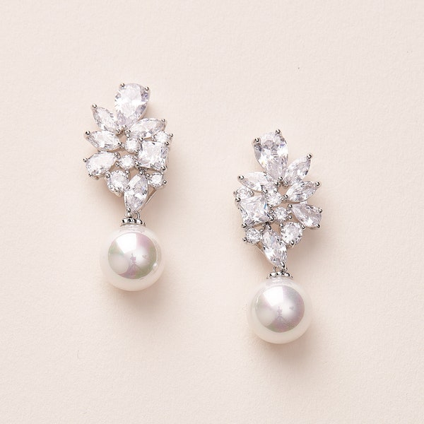 Silver Pearl Earrings,Bridal Earrings,Silver Wedding Earrings,Pearl Earrings, Pearl Dangle Earrings,CZ Bridal Earrings, CZ Earrings ~JE-4152