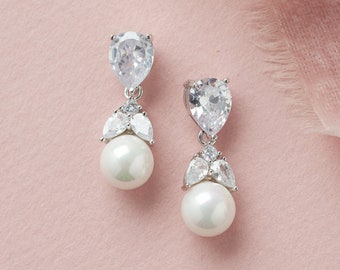 Pearl Drop Bridal Earrings, CZ Pearl Wedding Earrings, CZ Pearl Bridal Earrings, Pearl Drop Wedding Earrings, Pearl CZ Bridal Earrings~4230