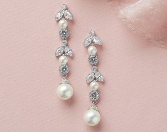 Pearl Drop Bridal Earrings, Floral Pearl & CZ Wedding Earrings, Floral Pearl Drop Wedding Earrings, Bridal Earrings, CZ Pearl Earrings~4231