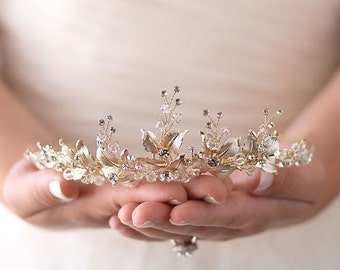 Wedding Tiara,Gold Floral Tiara, Bridal Tiara, Princess Tiara, Gold Bridal Crown, Gold Leaf Crown, Gold Tiara, Tiaras For Wedding ~TI-3283