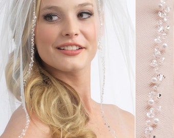 Scattered Pearl and Crystal Edge Veil • Light Ivory • Fingertip to Cathedral • 5008