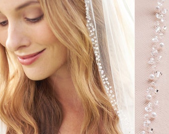Pearl Wedding Veil, Crystal Bridal Veil, Beaded Veil, Ivory Veil, White Veil, Elbow Veil, Fingertip Veil, Cathedral Veil, Bride Veil~VB-5008