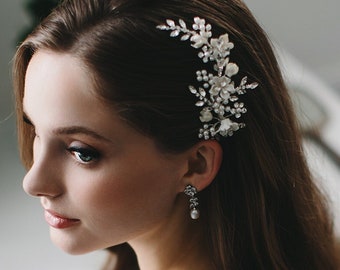 Silver Floral Pearl and Crystal Hair Clip • Ivory Wedding Headpiece • 2516