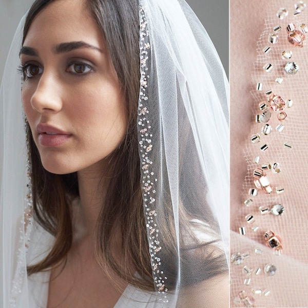 Rose Gold Beaded Edge Wedding Veil, Blush Beaded Bridal Veil, Beaded Veil, Ivory Veil, Tulle Veil, Fingertip Veil, Bridal Accessory ~VB-5088