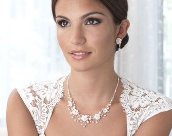 Conjunto de joyas de perlas, conjunto de joyas nupciales florales, conjunto de joyas de boda de perlas de agua dulce, conjunto de joyas para novia, conjunto de joyas de flores, novia ~ JS-1639