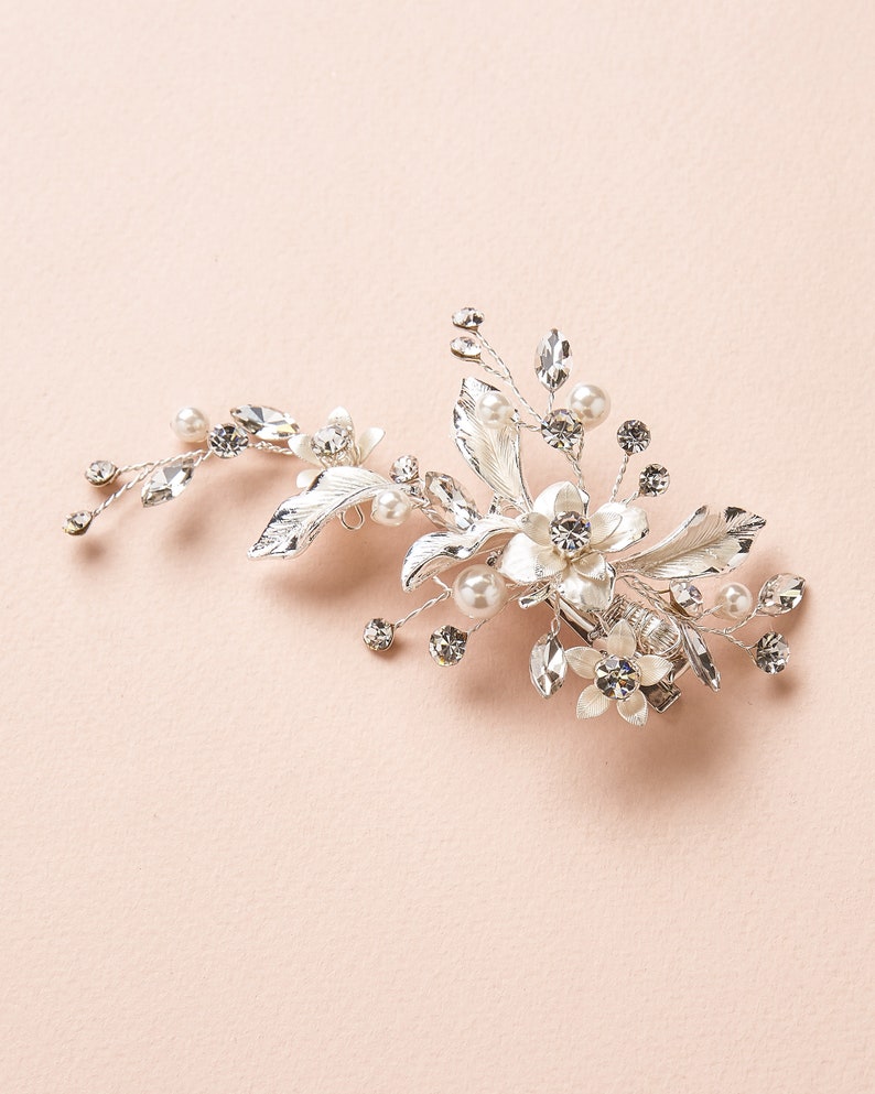 Wedding Hair Clip Bridal Hair Clip Pearl & Floral Bridal Silver