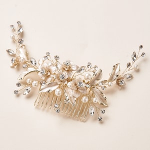 Dos de mariage floral doré, peigne de mariée en perles, peigne de fleurs en or, accessoire de mariage floral, peigne en cristal, peigne en strass doré TC-2326 image 5