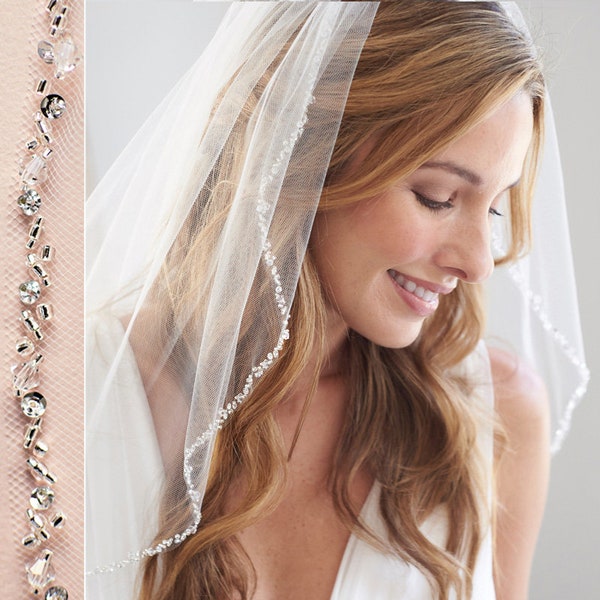 Beaded Fingertip Wedding Veil • Chapel Bridal Veil Style • Ivory and White • Julia 5006