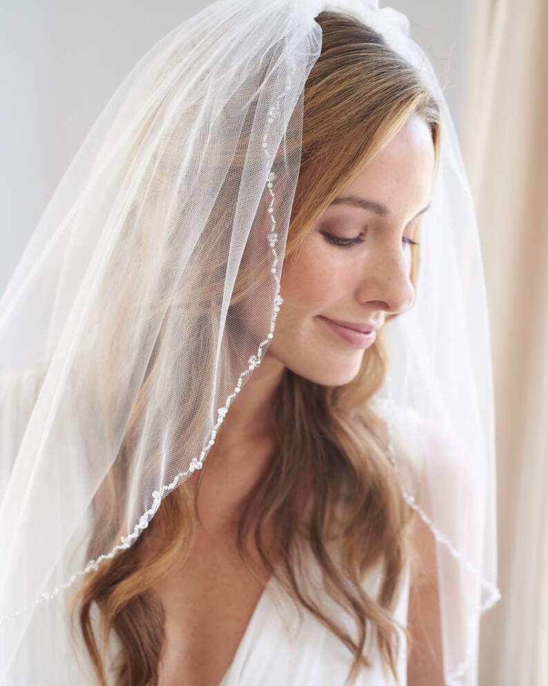 Wedding Veil 1 Layer Crystal Wedding Veil Pearl Bridal Etsy