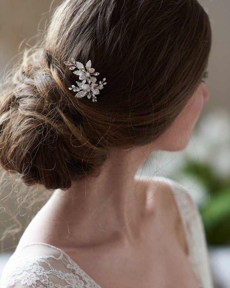 Pearl Bridal Hair Pin, Pearl Wedding Hair Pin, Keshi Pearl Bridal Hair Pin, Crystal & Pearl Wedding Hair Pin, Floral Bridal Hair Pin7014 image 5