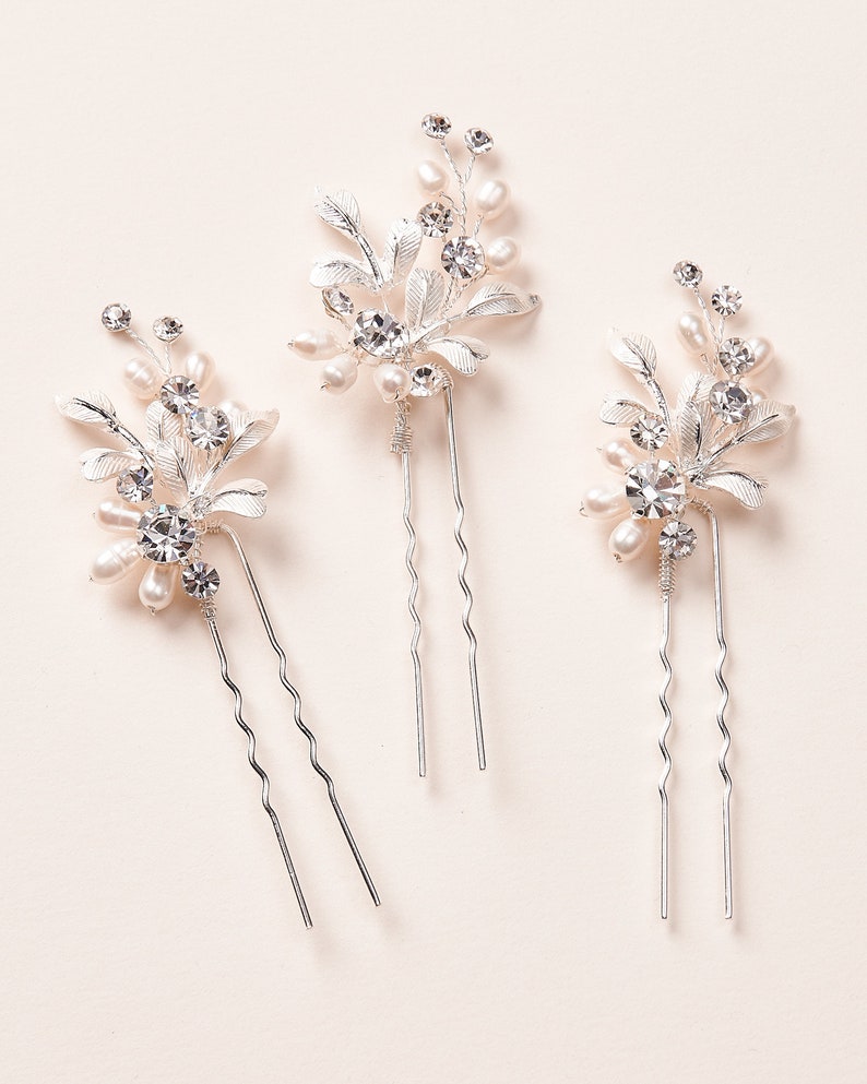 Set of 3 Freshwater Pearl Hair Pins, Bridal Hair Pins, Wedding Hair Pins, Floral Hair Pins, Bridal Hair Accessory, Hair Pins TP-2816 image 2