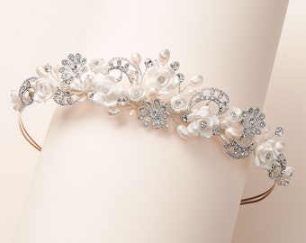 Strass- en parelbruilofttiara • Bruidshaaraccessoire • Parelbruidstiara • Bloemenkroon • Bloemenkroon • Bruidszendspoel • 3235