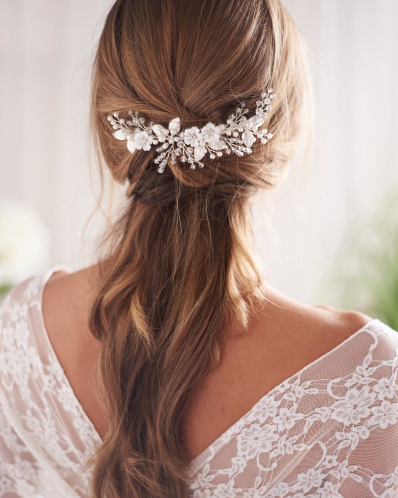 Floral Crystal & Pearl Comb, Crystal Wedding Comb, Bridal Hair Comb, Floral Hair Comb, Pearl Hair Comb, Floral Hair Comb TC-2299 image 1