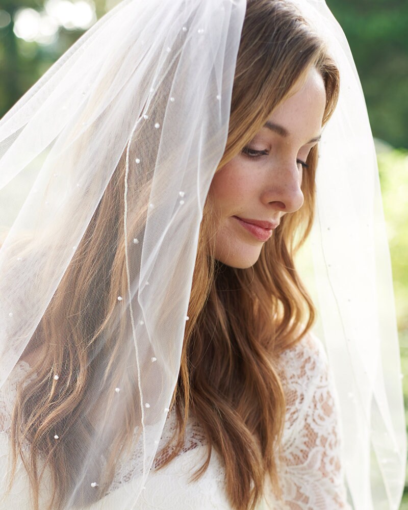 90 Chapel Length Cut Edge Ivory Bridal Veil with Scattered Pearls &  Crystals