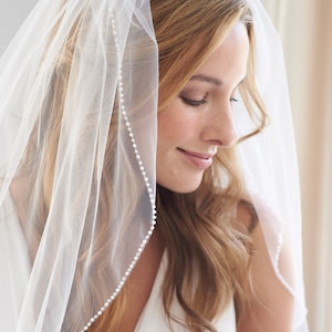 Pearl Bridal Veil, Beaded Wedding Veil, 1 Layer Veil, Ivory Veil, White Veil, Fingertip Veil, Cathedral Veil, Short Veil, Long Veil ~5046