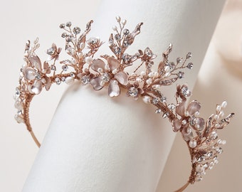 Rose Gold Pearl Tiara, Gold Freshwater Pearl Wedding Crown, Gold Floral Bridal Tiara, Bridal Hair Accessory, Wedding Headpiece - TI-7049