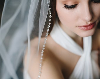 Wedding Veil, Beaded Veil, Rhinestone Bridal Veil, Ivory Veil, Crystal Veil, Fingertip Length Veil, Veil for Bride, Bridal Headpiece ~5061