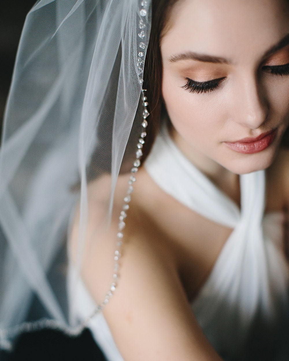 Crystal Beaded Wedding Veil • Light Ivory Fingertip Bridal  display picture 2