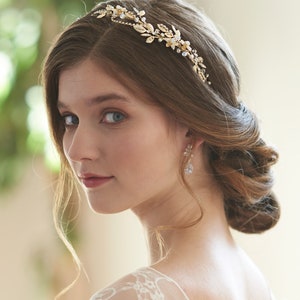 Pearl & Crystal Headband, Rhinestone Wedding Headband, Bridal Headpiece,Opal Bridal Hairpiece,Gold Bridal Headband,Bridal Accessory TI-3353 image 3