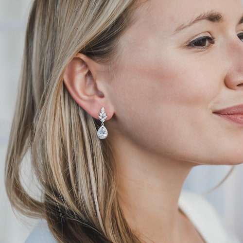 Rhodium Plated Cz Floral Drop Earring For Women