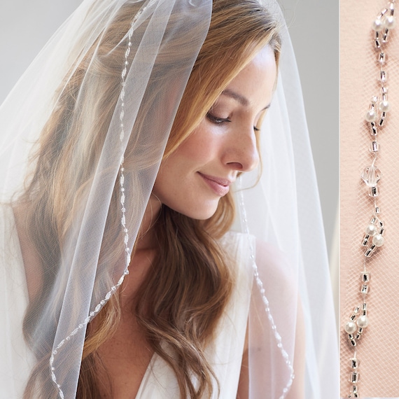 Two Layer Beaded Pearl and Rhinestone Fingertip Wedding Veil