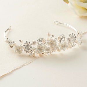 Rhinestone & Pearl Wedding Tiara, Bridal Hair Accessory, Pearl Bridal Tiara, Floral Wedding Crown, Flower Crown, Bridal Headpiece TI-3235 image 8