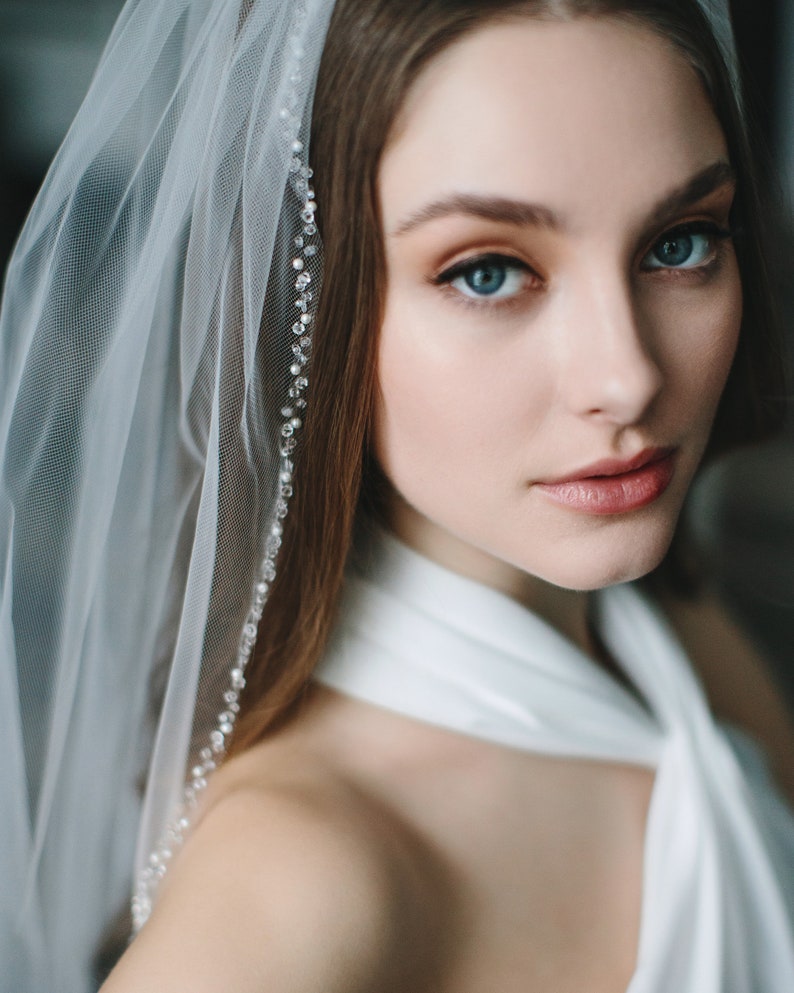 Pearl Wedding Veil, Crystal Bridal Veil, Beaded Veil, Ivory Veil, White Veil, Elbow Veil, Fingertip Veil, Cathedral Veil, Bridal Veil5008 image 2