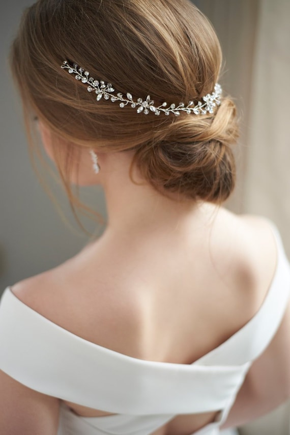 Floral Rhinestone Wedding Headband, Silver Bridal