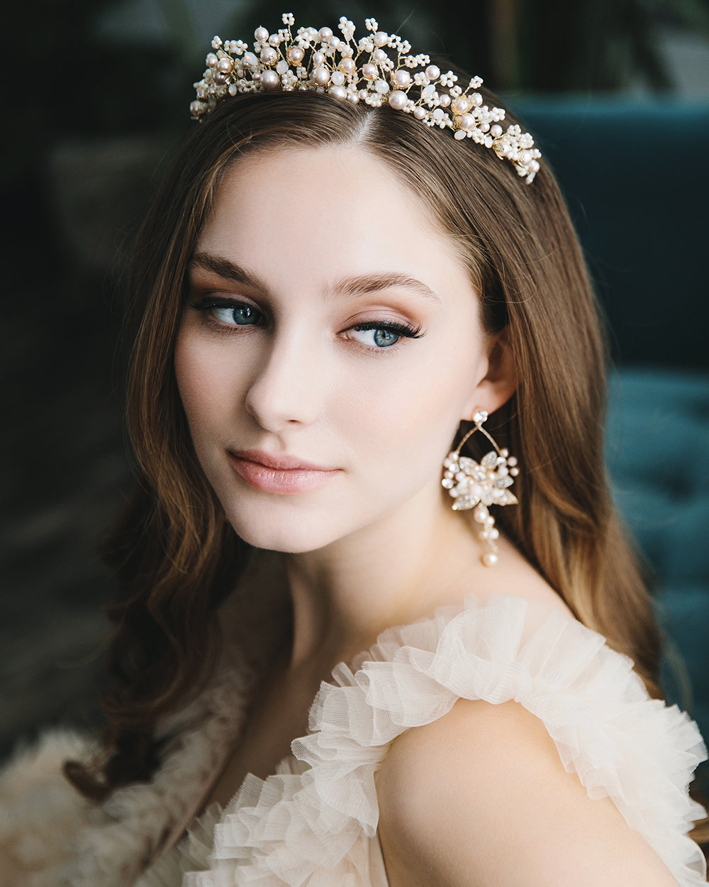 Gold Crystal Bridal Tiara with Champagne Gem Accents Champagne Gold Floral Rhinestone Bridal Tiara, Painted Leaf  main image 4