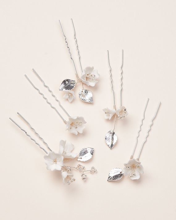 Set of 5: Silver Floral & Rhinestone Bridal Pins • Wedding  display picture 3